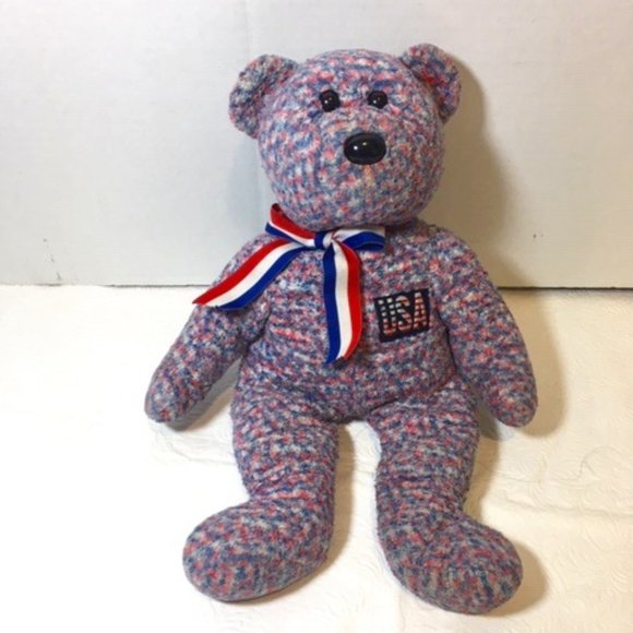 Ty Beanie Buddies 2002 Bear USA 13" Red White Blue Ribbon Bow Patriotic - Picture 1 of 6